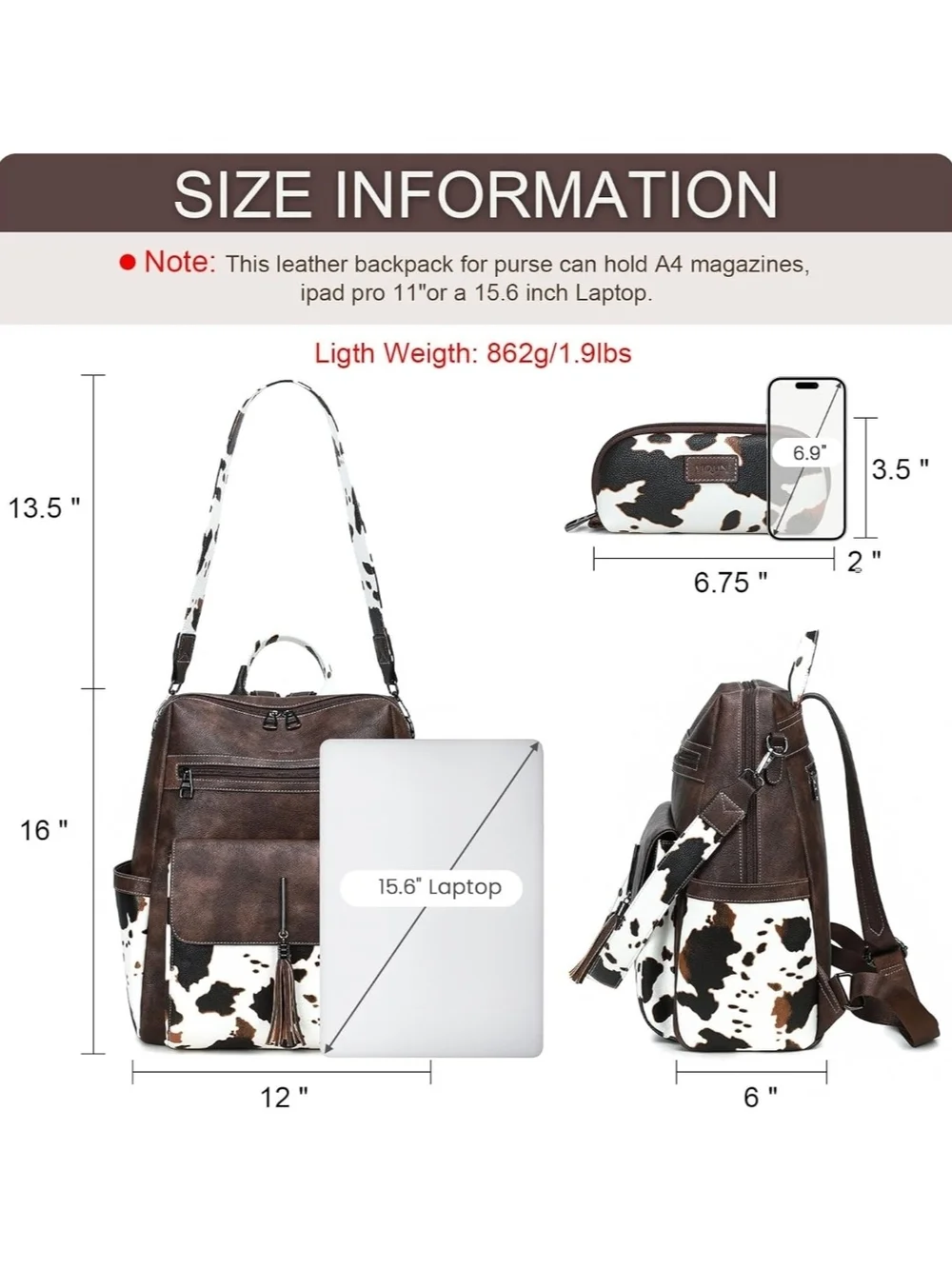 Brown Leather Backpack with Cowhide Print Accent